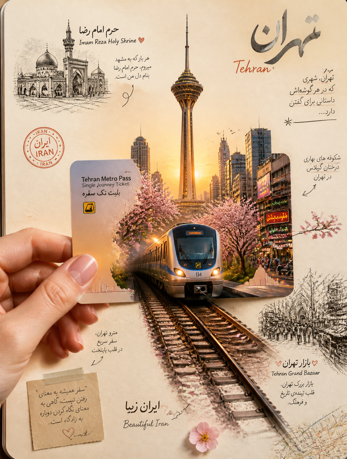 A highly aesthetic travel-journal collage of Iran, designed in a modern Pinterest-worthy …