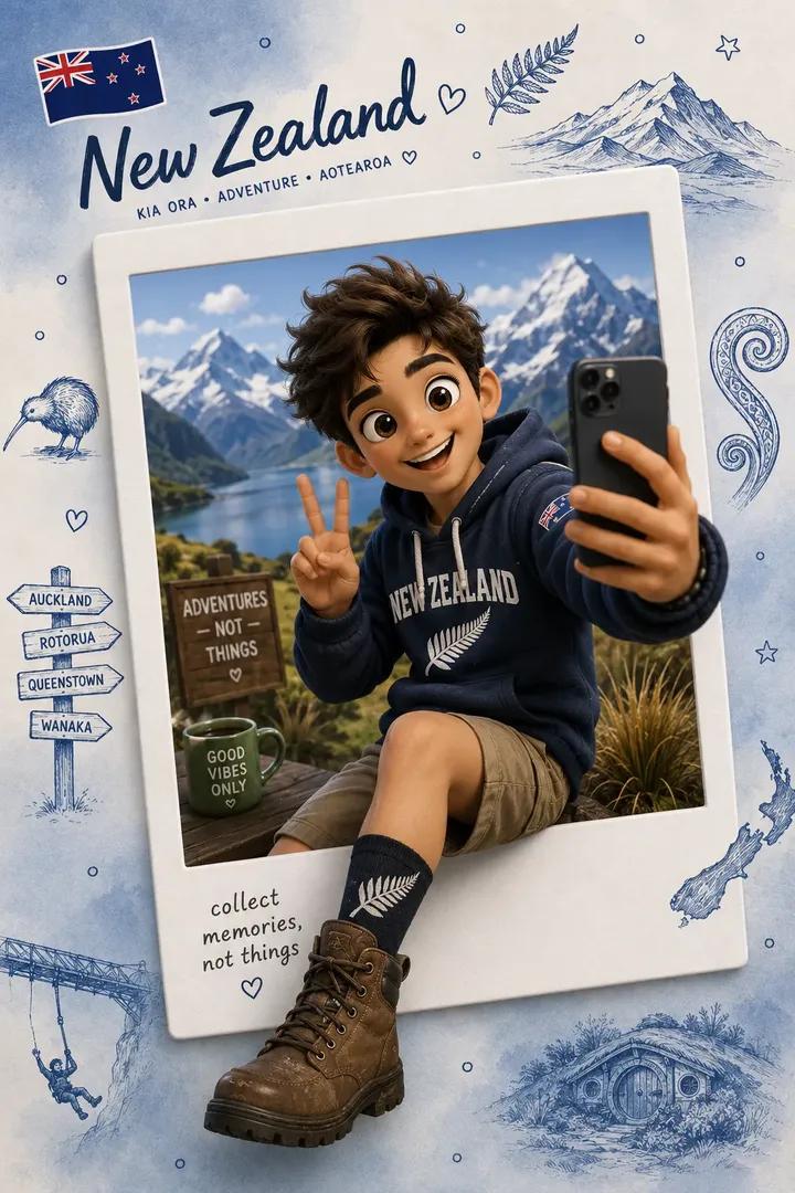 Create a premium collectible travel poster in a cute stylized 3D cartoon/Pixar-inspired a…