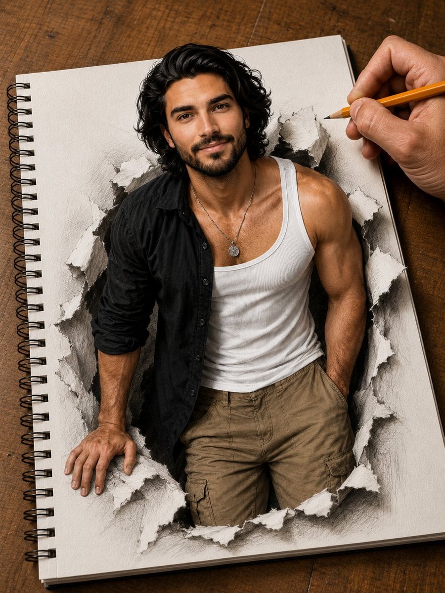 Hyper-detailed photorealistic illustration of a handsome young man breaking out of a spir…