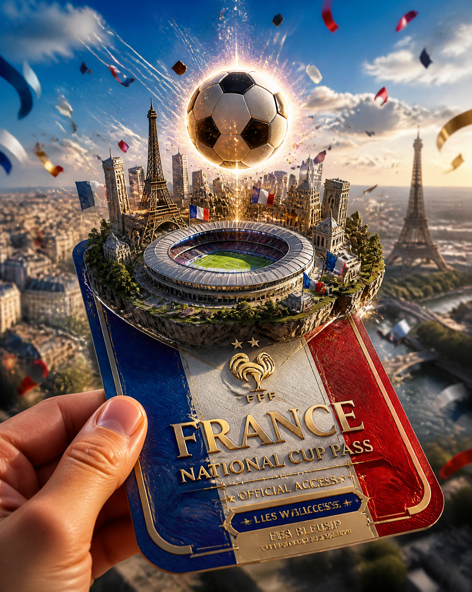Create an ultra-detailed, cinematic 3D promotional travel-and-sports poster featuring a r…