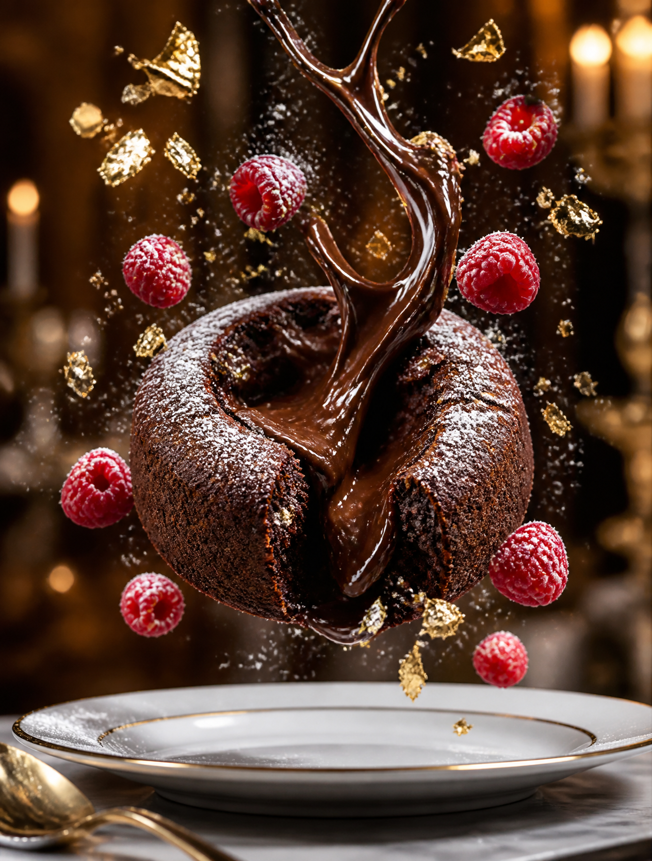 Ultra-detailed cinematic shot of a decadent chocolate lava cake levitating above an elega…