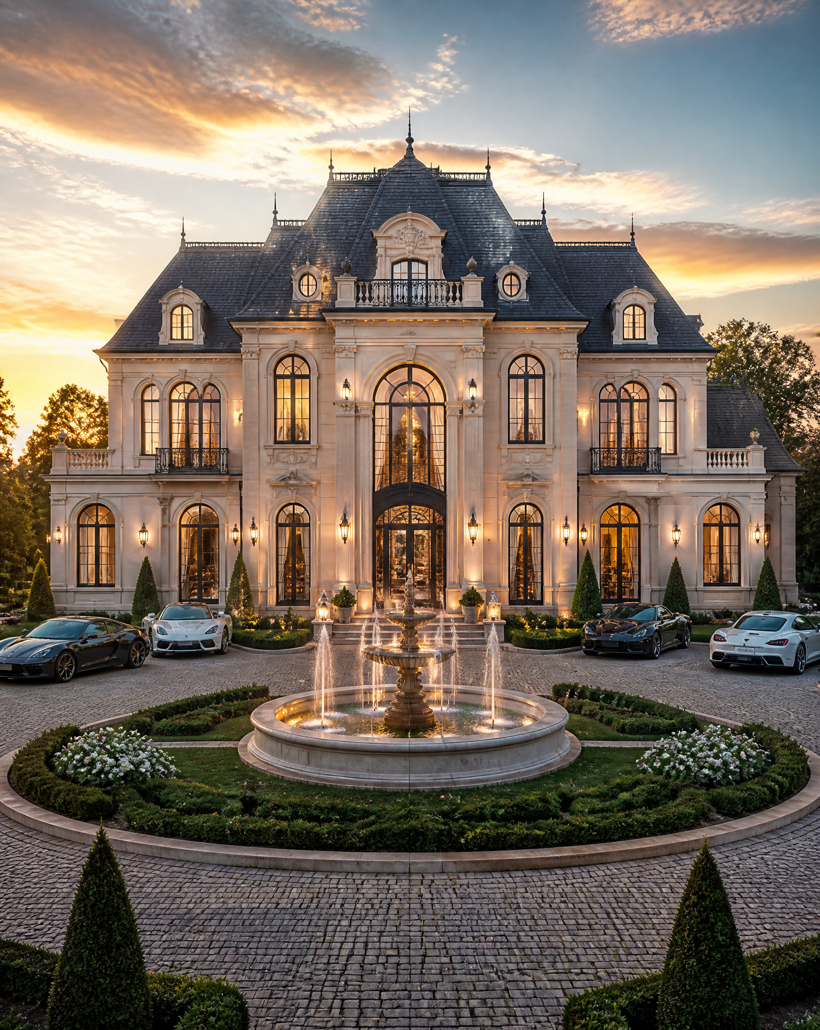 Ultra-realistic French château luxury mansion, full front view, grand symmetrical archite…