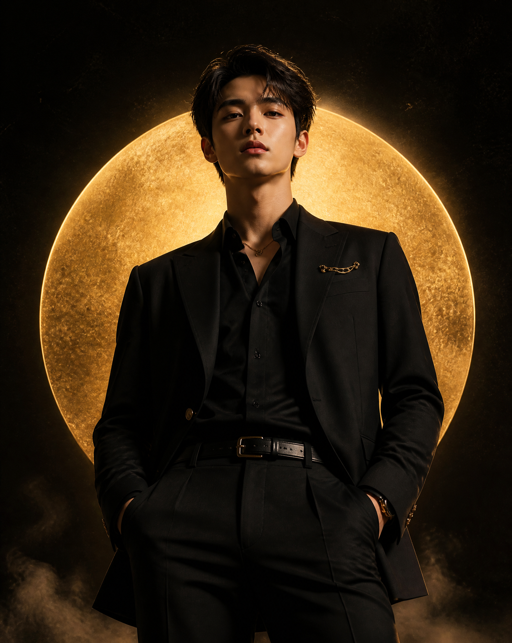 Create a luxury cinematic fashion poster featuring a stylish young male standing in a pow…