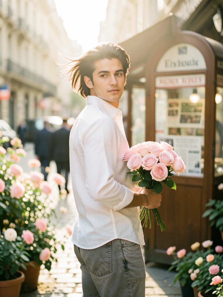 A beautiful young man with dark flowing hair holding a bouquet of soft pink roses, turnin…