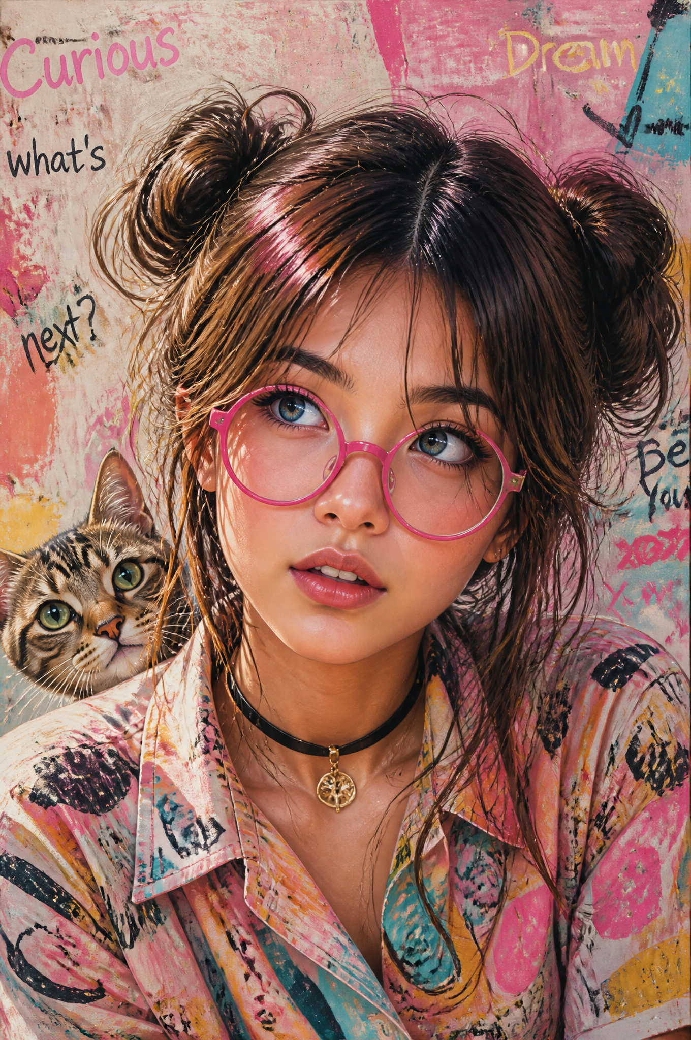 A girl with big expressive blue eyes, wearing bright pink round glasses, a colorful patte…