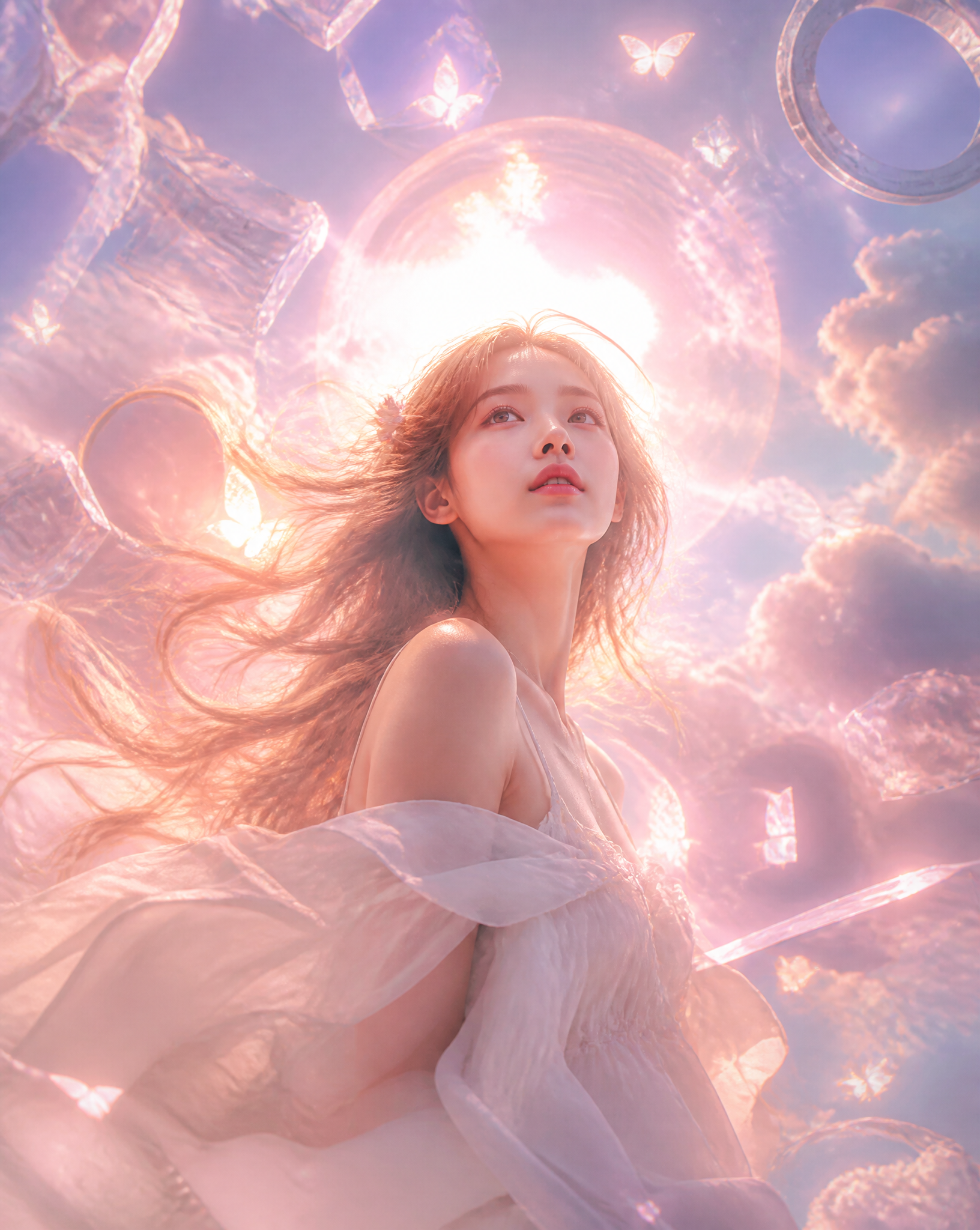 Create a surreal dreamcore cinematic poster with an ethereal, emotional, and visually hyp…