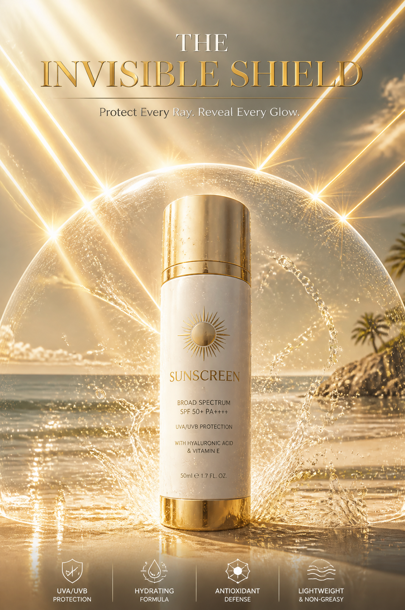 SUNSCREEN AD, “{argument name="headline" default="THE INVISIBLE SHIELD"}”Luxury skincare …
