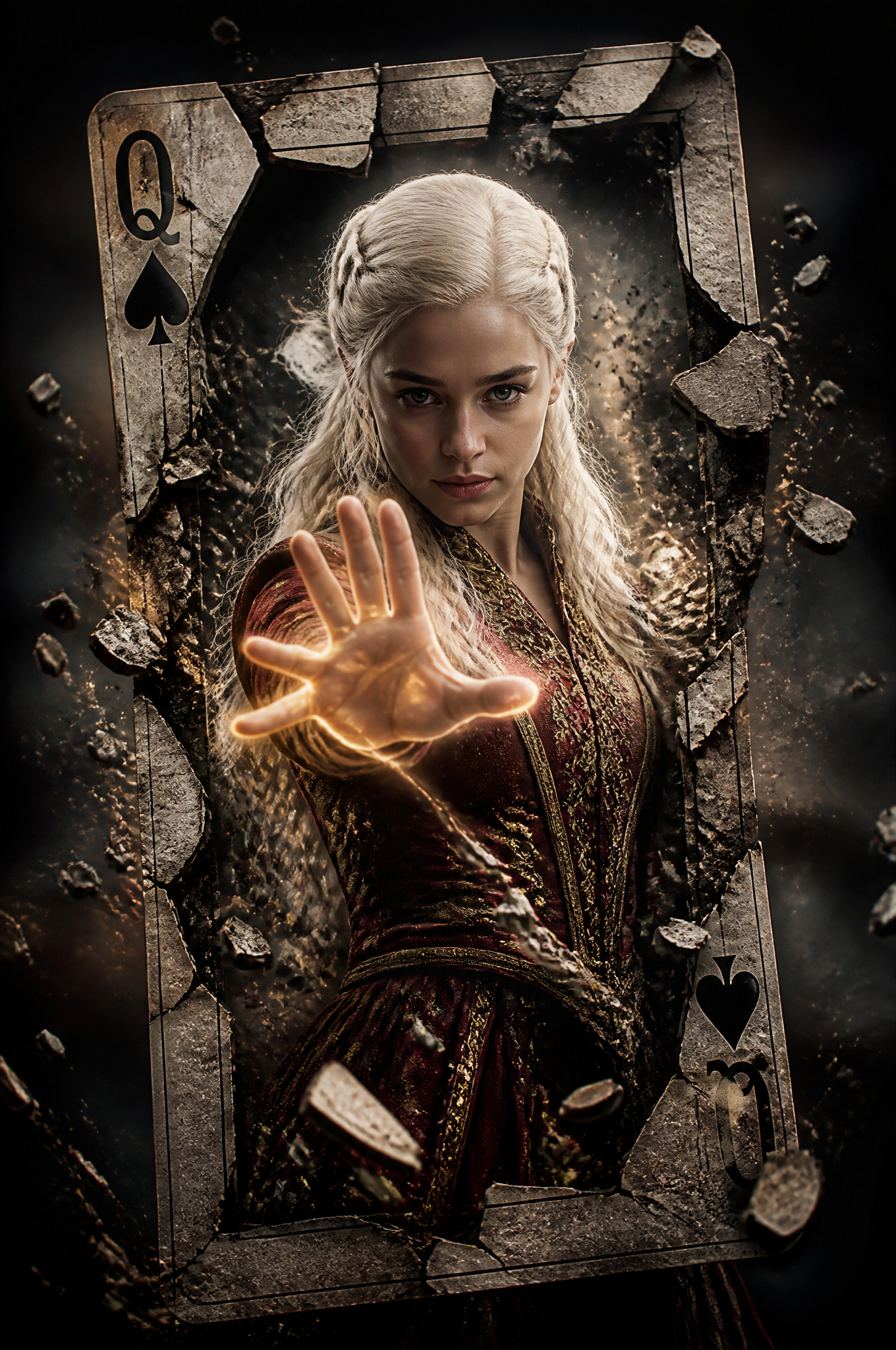 A hyper-realistic cinematic movie poster of a powerful female sorcerer Daenerys Targaryen…