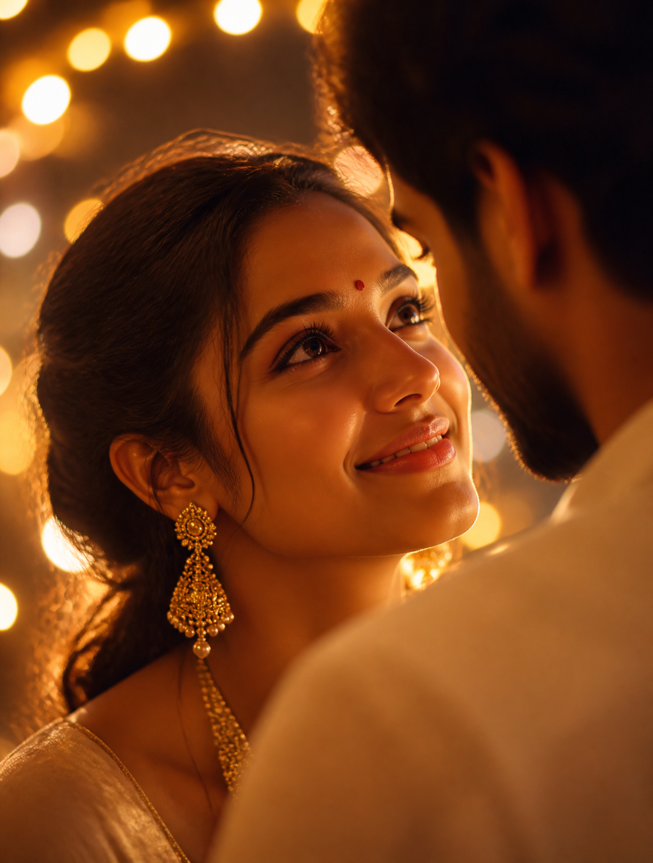 A radiant woman with a gentle, joyful expression leans intimately toward a man, her face …