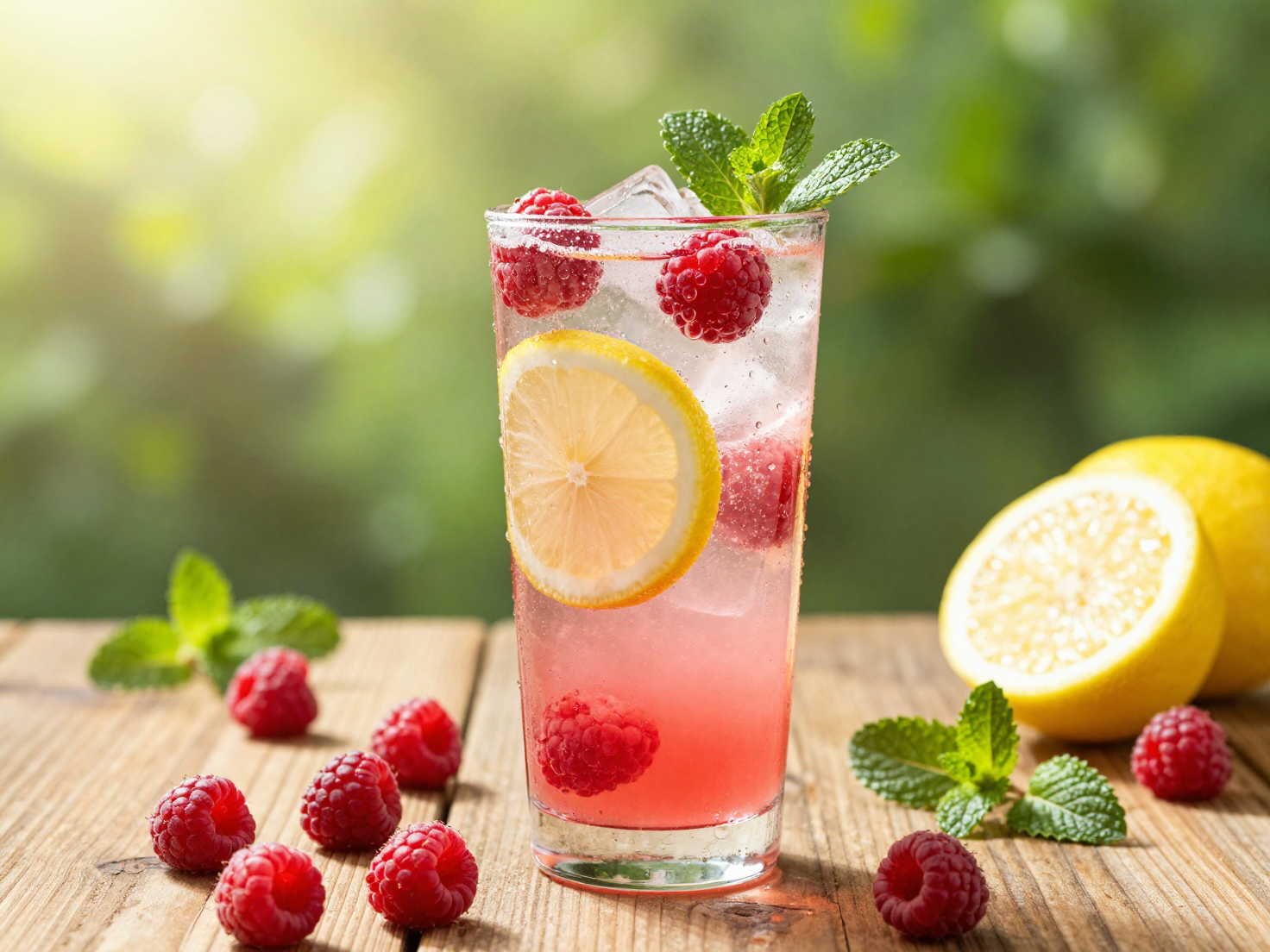Refreshing raspberry lemonade mocktail served in a clear highball glass filled with ice c…