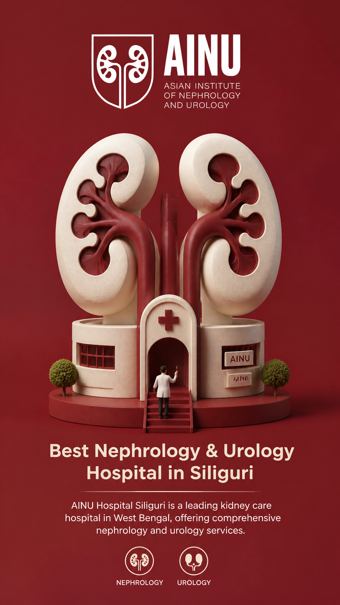 Create a creative 3D advertisement for [ AINU hospital ], featuring a surreal object made…