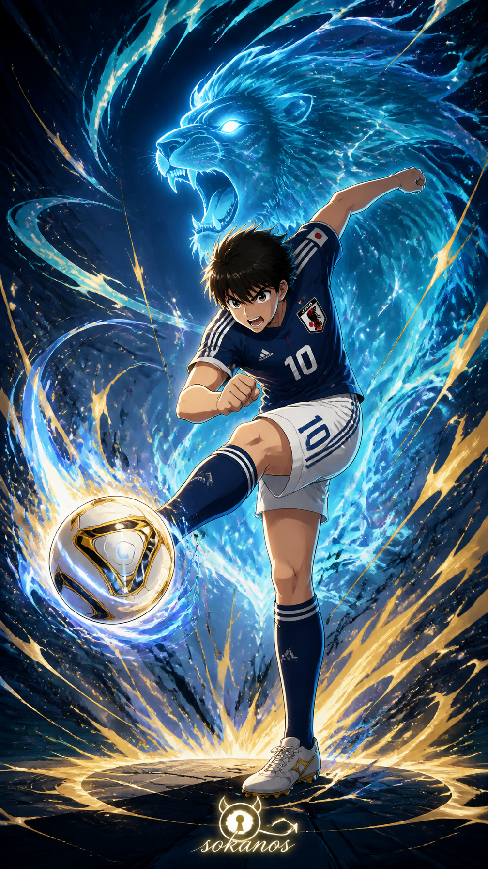 A legendary premium anime poster of Tsubasa Ozora in a stylized modern sports illustratio…