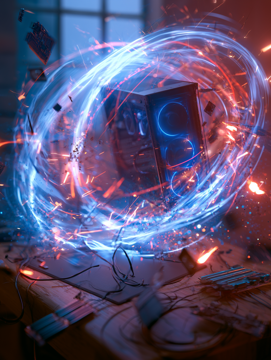 Ultra-realistic gaming PC floating above a desk, surrounded by glowing blue and red energ…