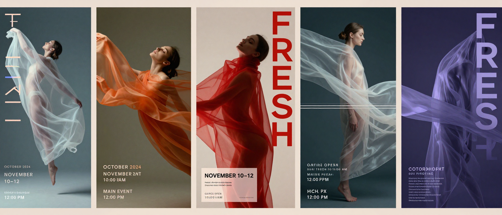 Create a panoramic luxury fashion event poster series composed of five vertical editorial…