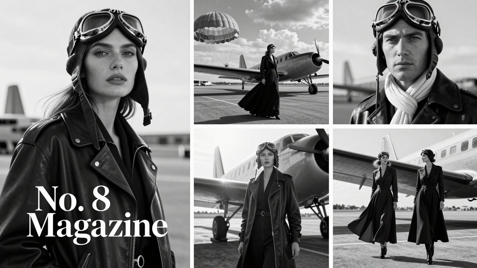 Create a wide panoramic black-and-white luxury fashion editorial collage inspired by vint…
