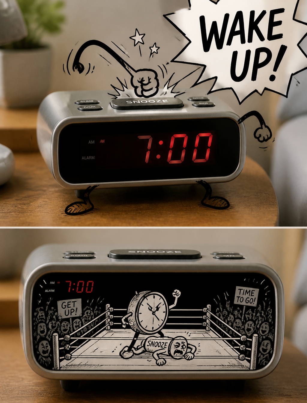 - Photo of an alarm clock, but doodled arms and legs punching the snooze button, with "WA…