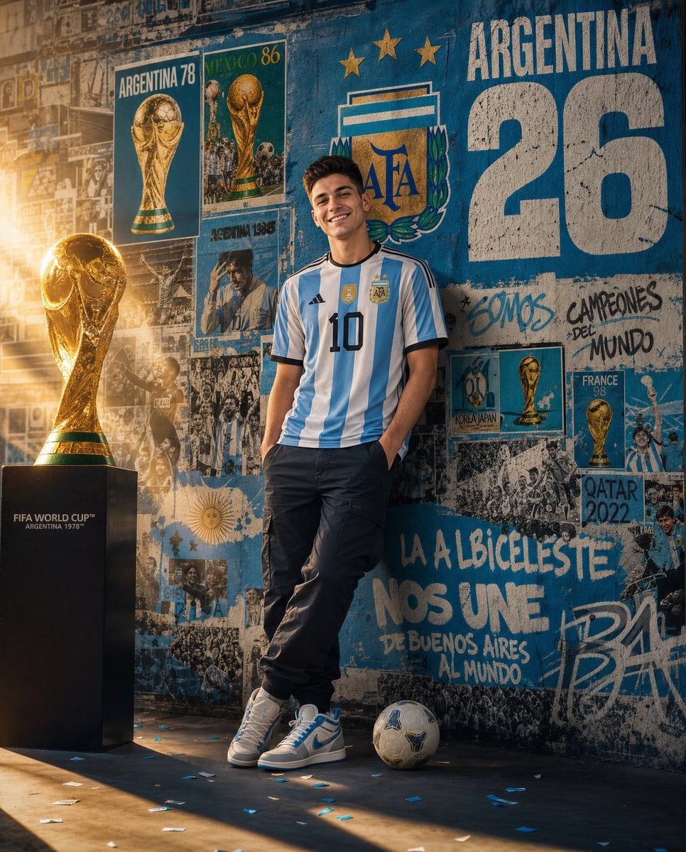 Ultra-realistic sports advertising poster featuring a young Argentine football supporter …