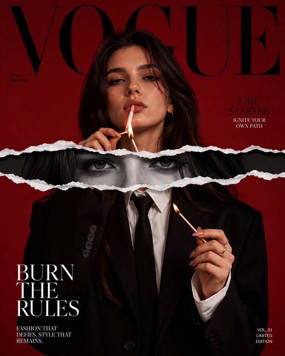 Ultra high fashion editorial magazine cover inspired by luxury fashion publications. A yo…