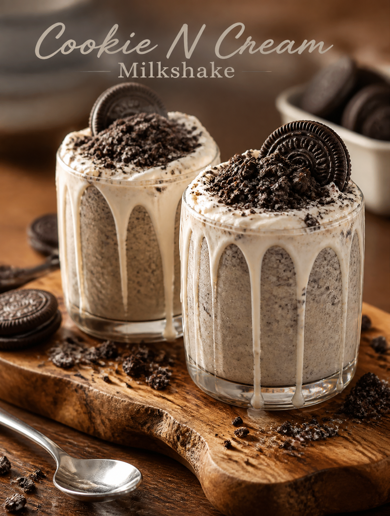 Two cylindrical glasses filled with a thick cookies and cream milkshake sit side-by-side …