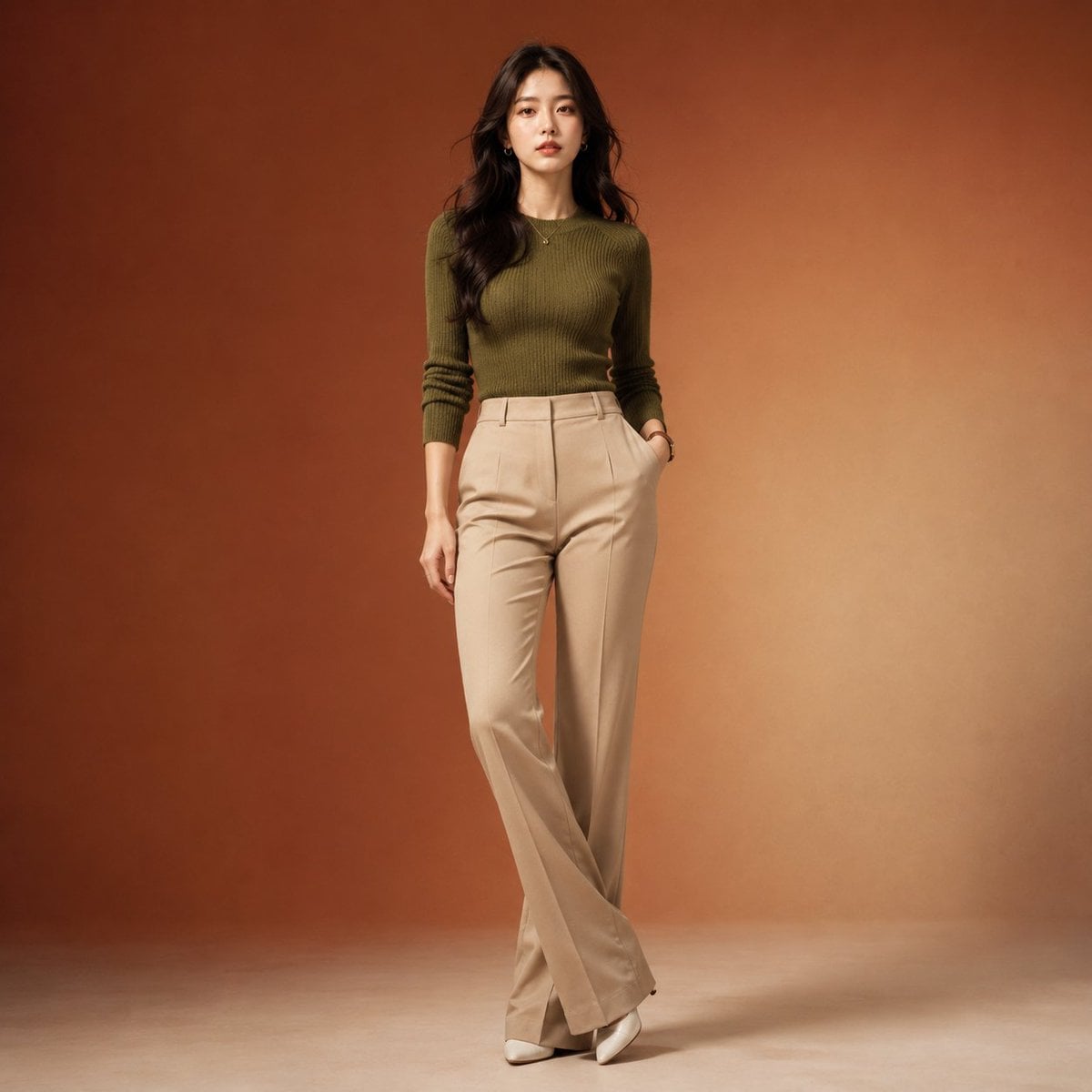 Full-body professional fashion editorial portrait of a beautiful young Korean woman stand…