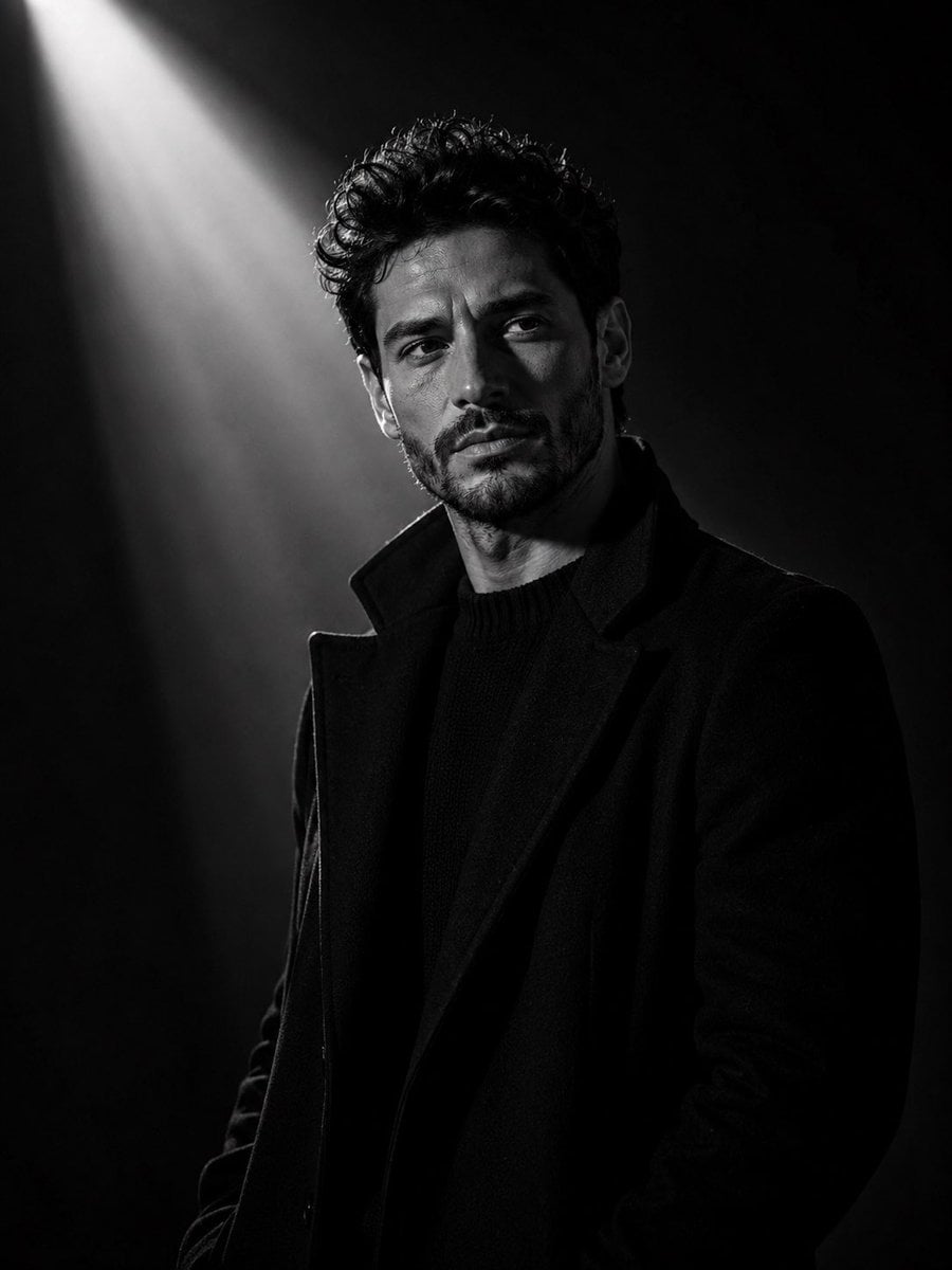 Ultra-cinematic black-and-white portrait of a young man standing in a dark minimalist stu…