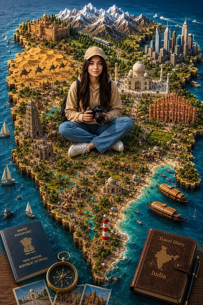 A highly detailed 3D miniature travel diorama of India shaped as a realistic raised map, …
