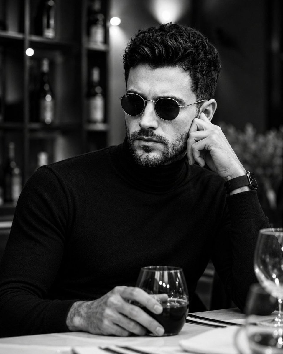 Ultra-realistic black-and-white cinematic portrait of a handsome man seated in an upscale…