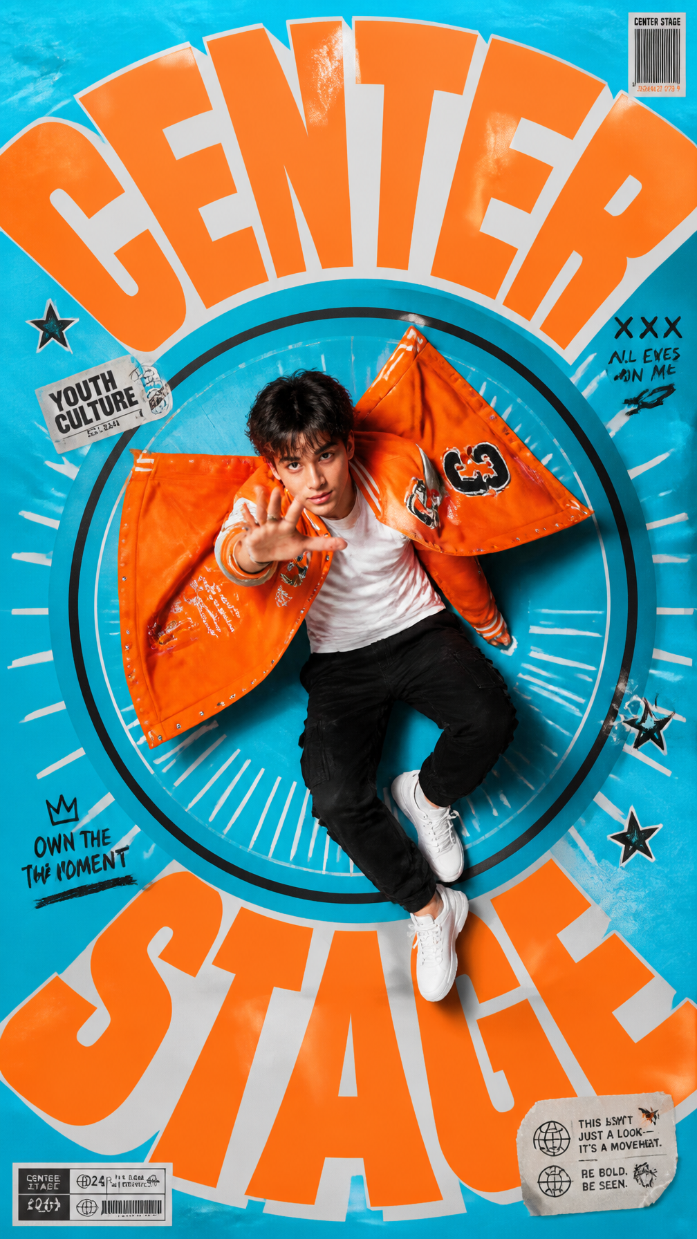 A premium 9:16 youth-culture fashion poster.Main Subject:A young male model lying on a ci…