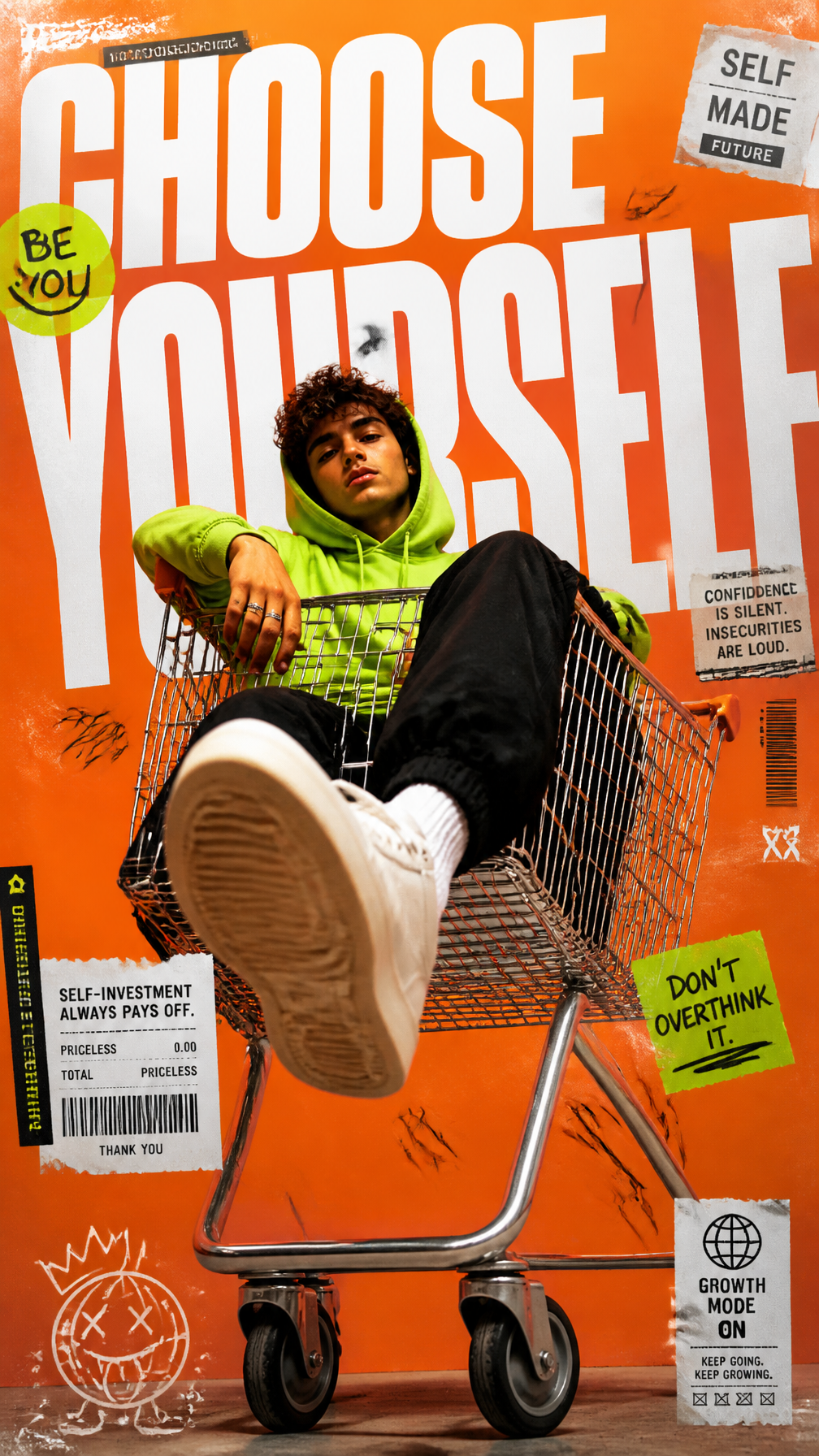 A premium 9:16 youth-culture fashion campaign poster.Main Subject: