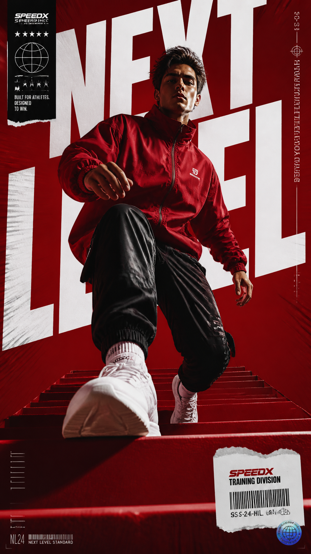 A premium 9:16 sports-fashion editorial advertising poster.Main Subject:A determined youn…