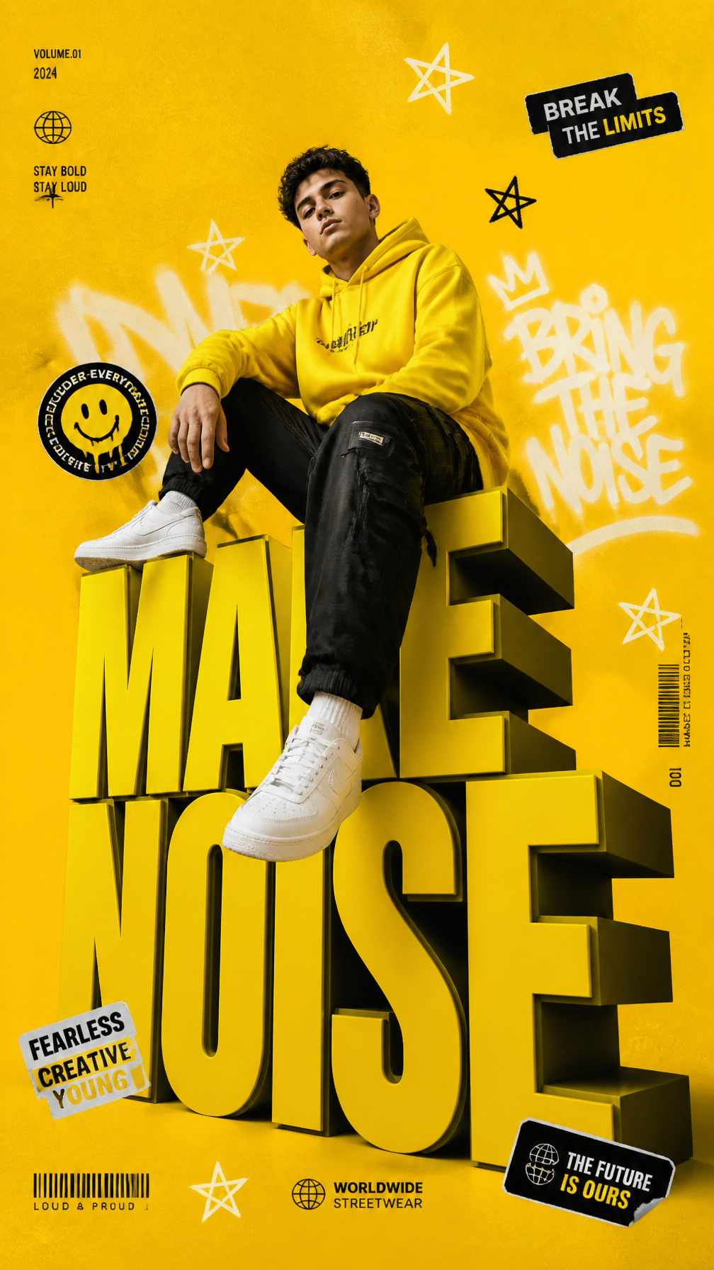 A premium 9:16 streetwear editorial advertising poster.Main Subject:A confident young mal…