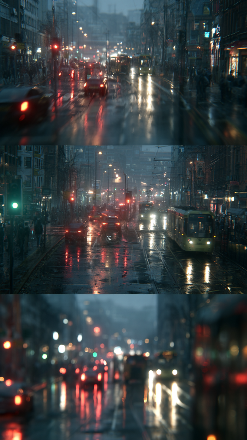 Short vertical video clip of a realistic city suddenly experiencing confusion during morn…