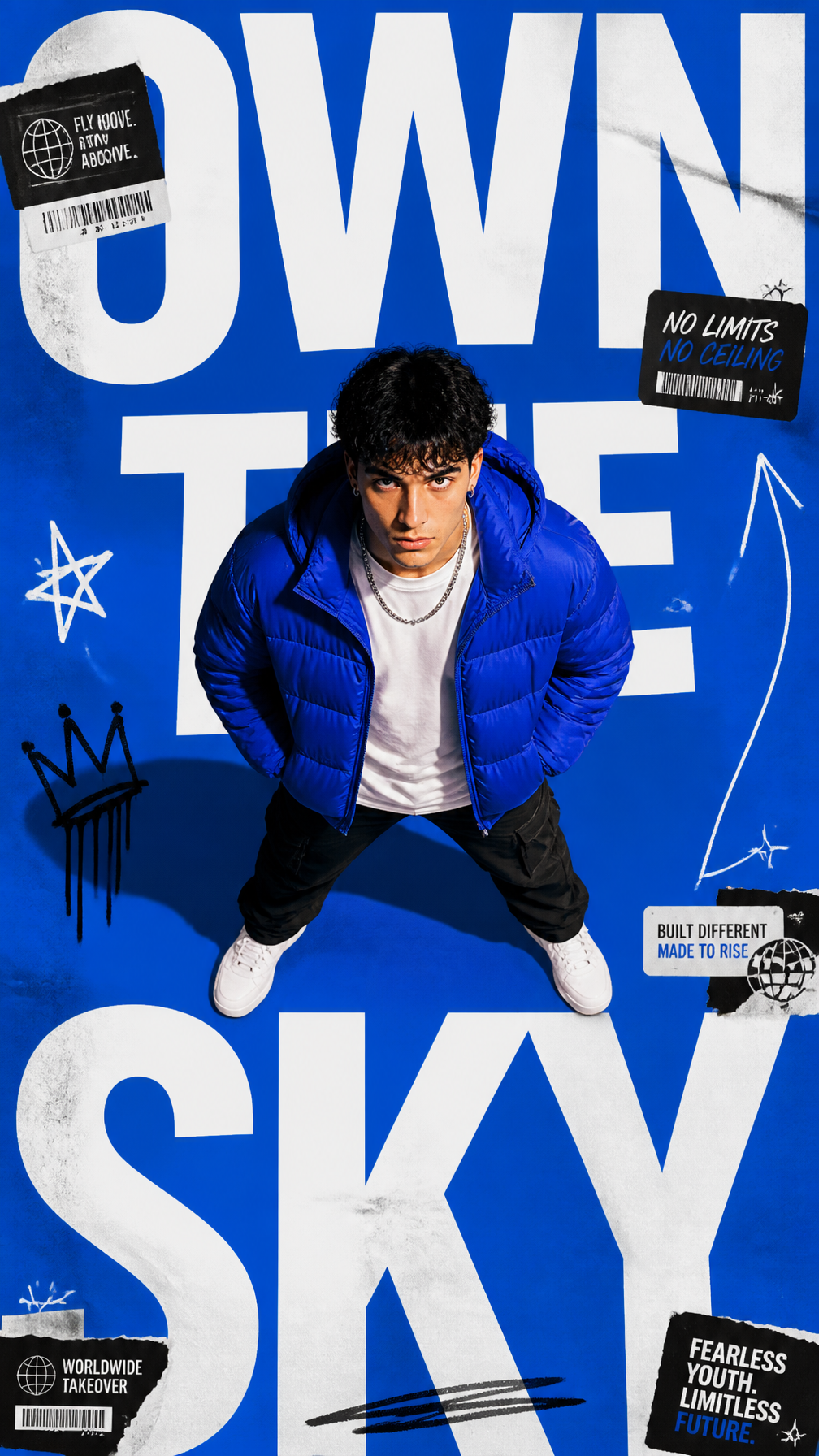 A premium 9:16 streetwear editorial advertising poster.Main Subject:A confident young mal…