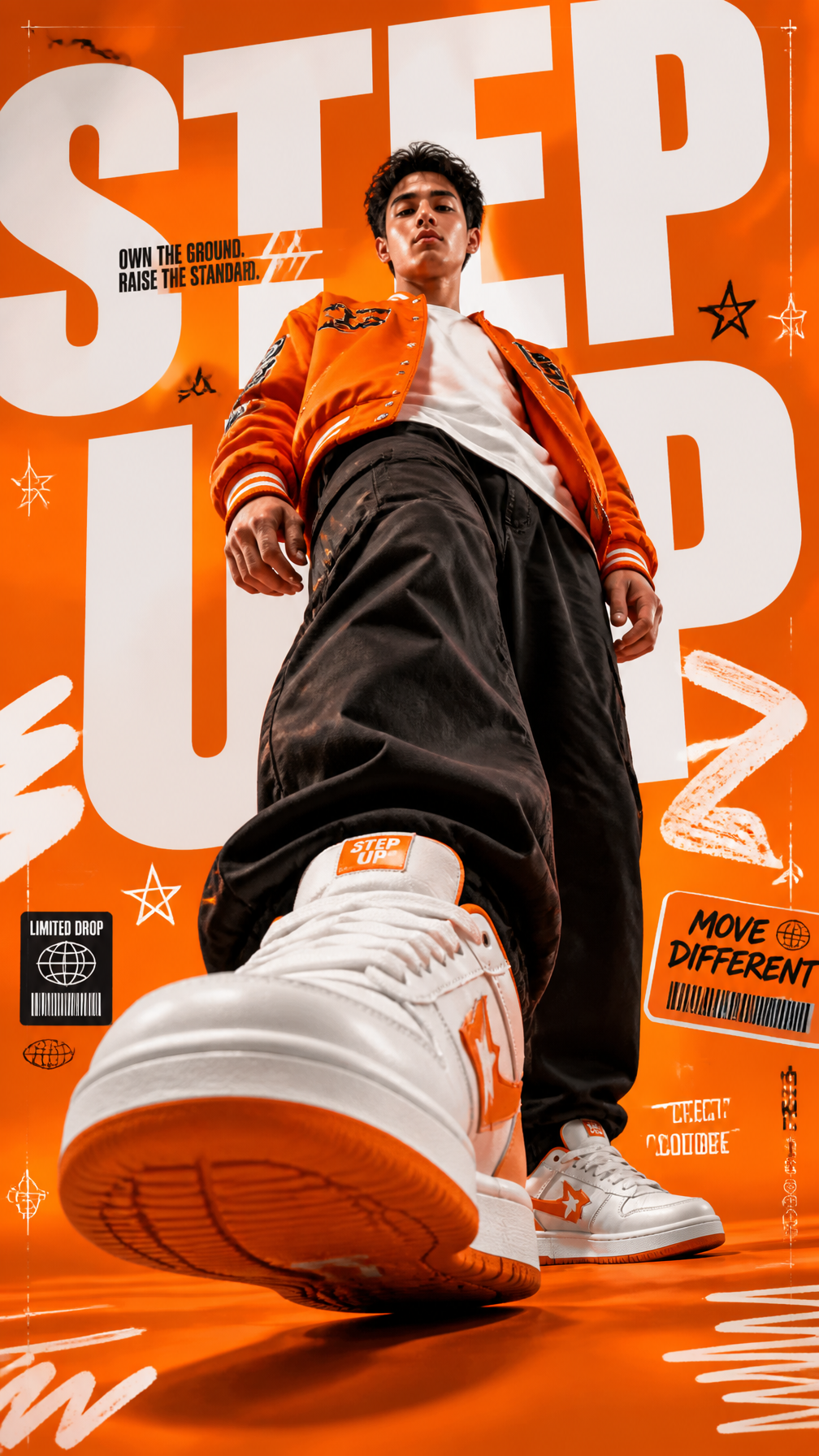 A premium 9:16 streetwear advertising poster.Main Subject:A young male model captured ste…