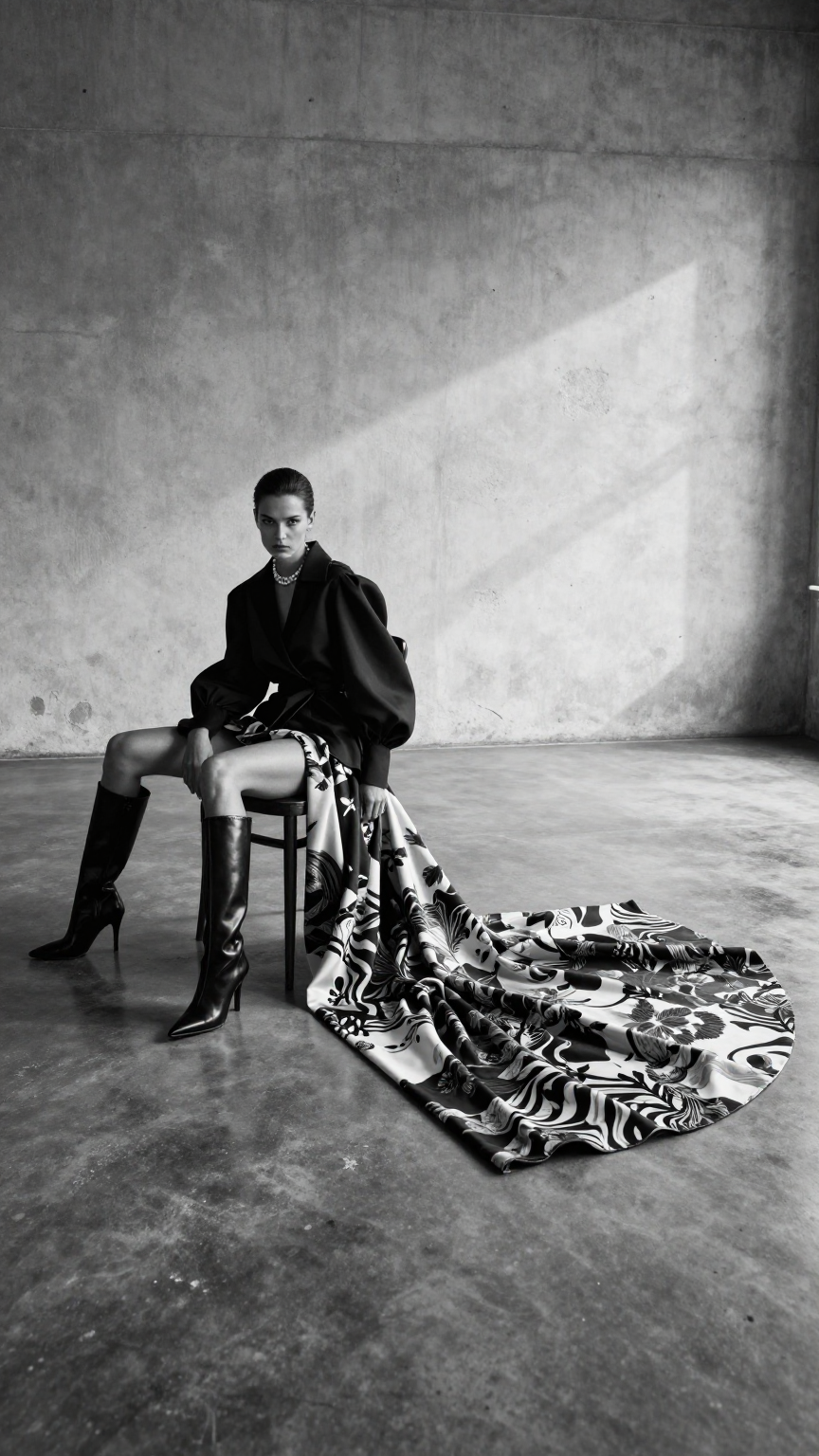 Create an ultra-realistic black-and-white high-fashion editorial photograph in a wide cin…
