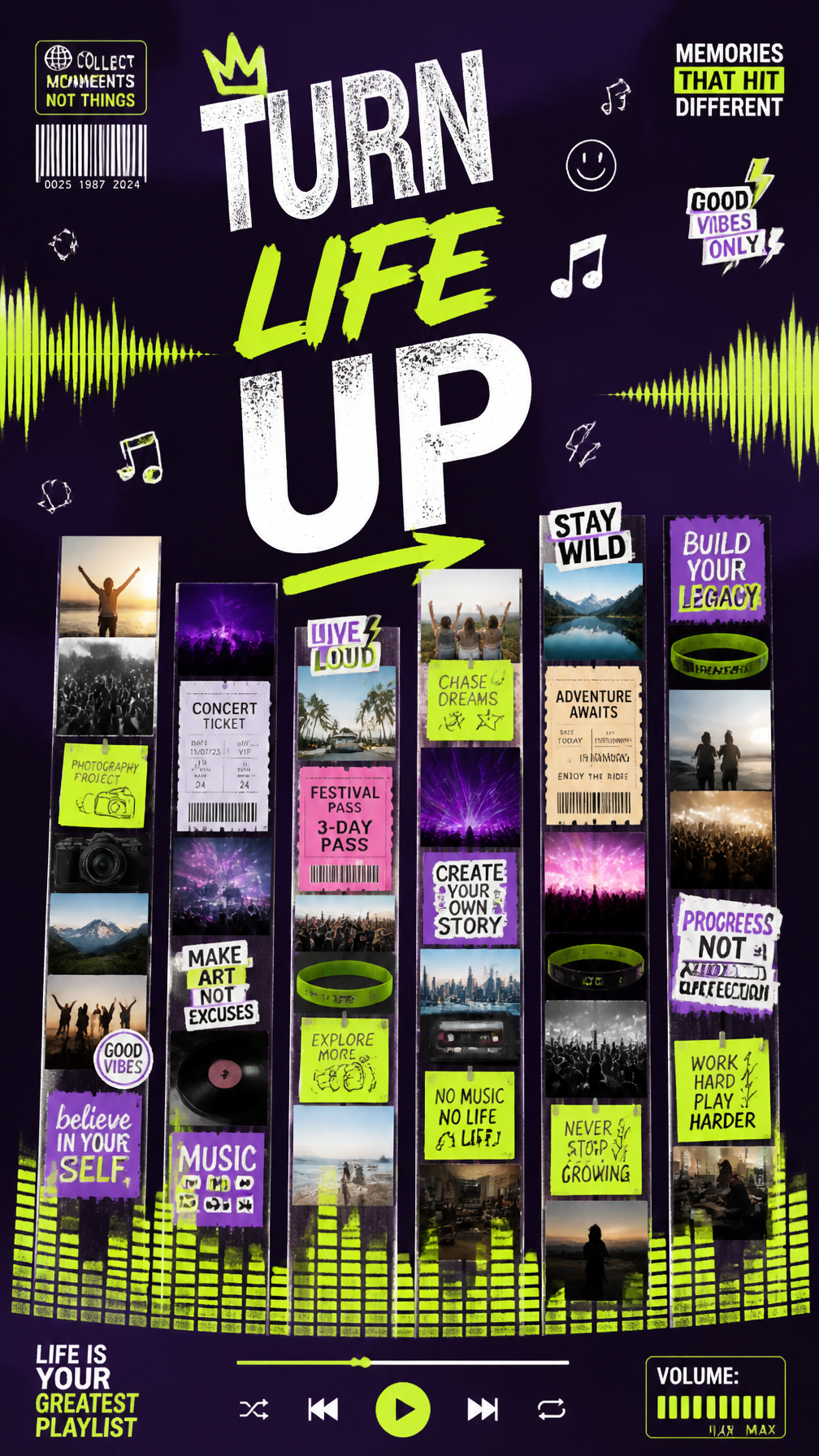 A premium 9:16 youth-culture advertising poster.Main Subject:A giant realistic music equa…