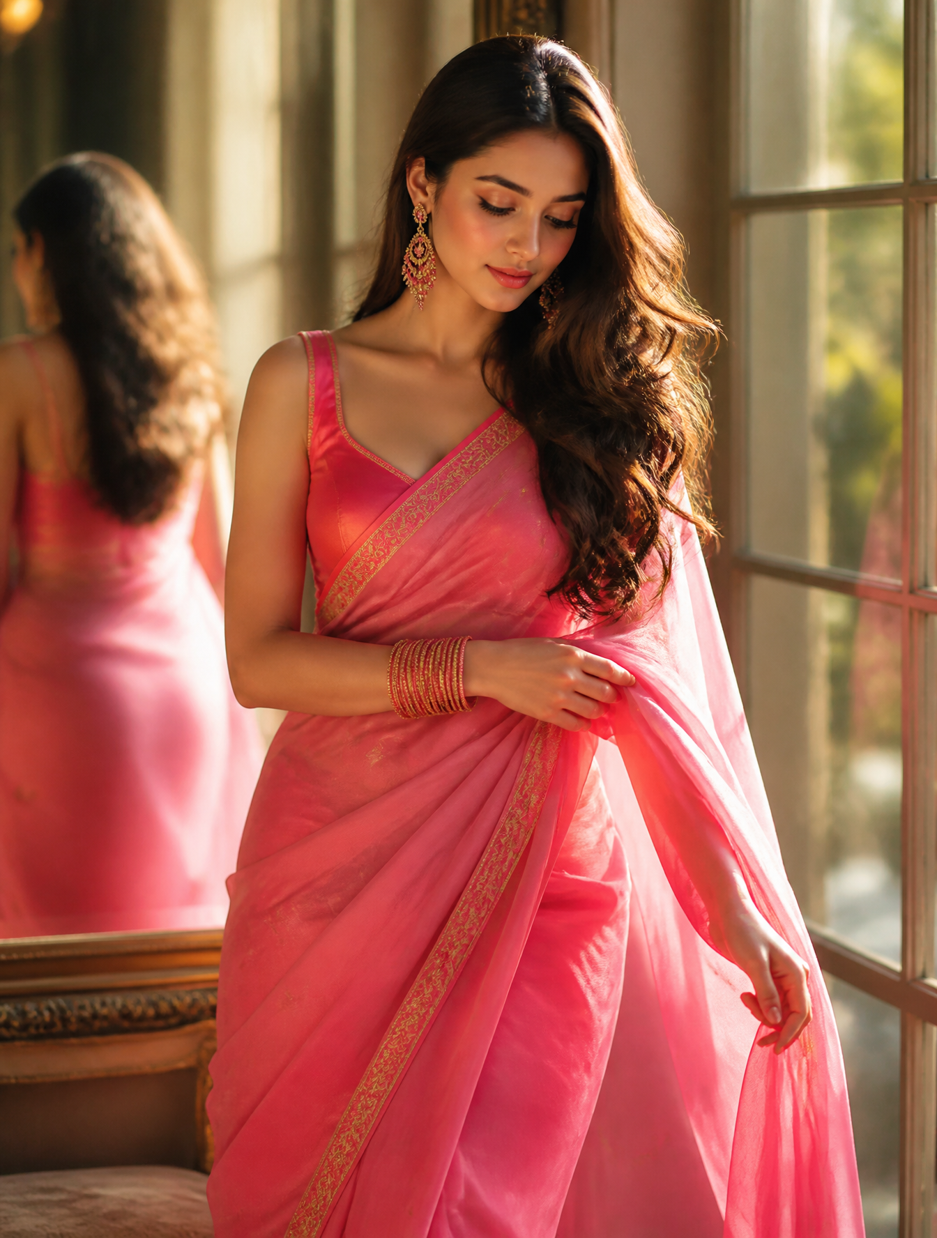 beside a large window in warm golden-hour sunlight, wearing a vibrant hot-pink saree with…