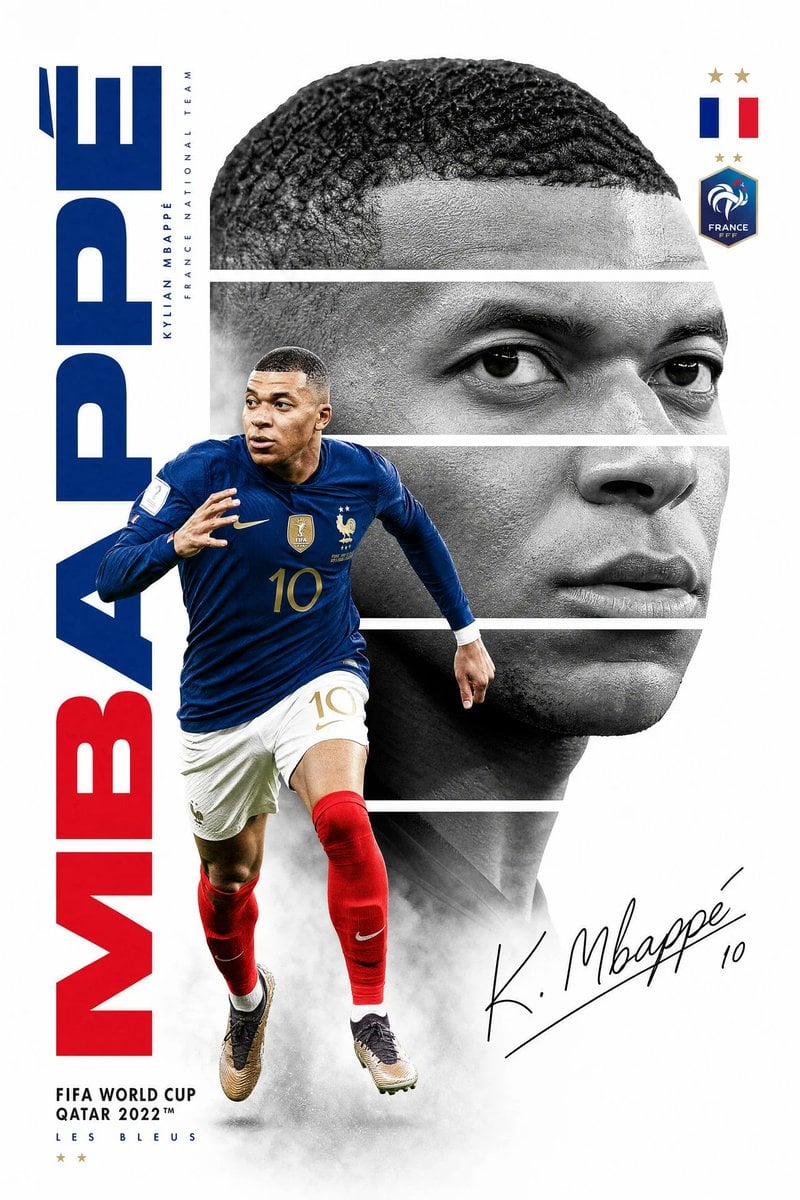 Create a premium FIFA World Cup poster design featuring Kylian Mbappé. Minimalist white b…