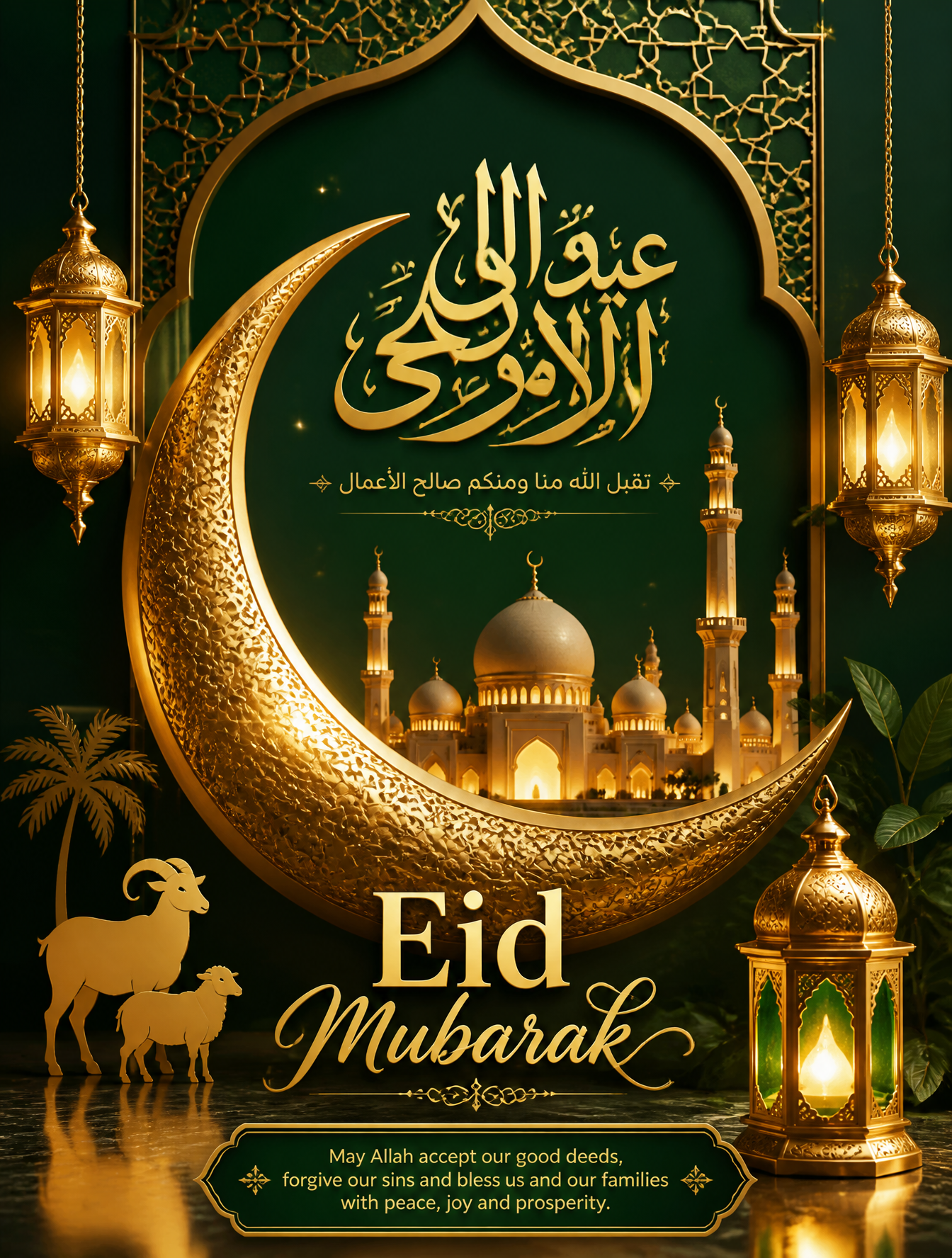 Create a luxurious Eid Ul Adha poster featuring a golden crescent moon, mosque silhouette…