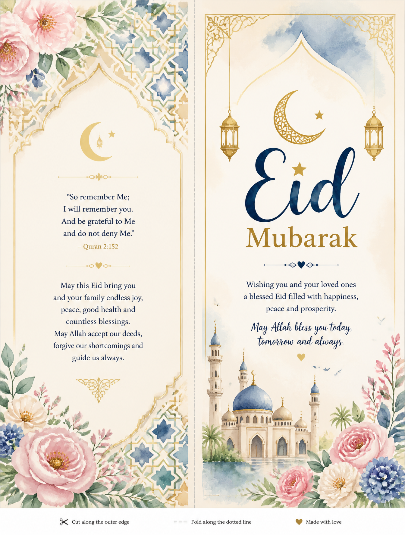 Generate a printable Eid greeting card template with watercolor Islamic patterns, floral …
