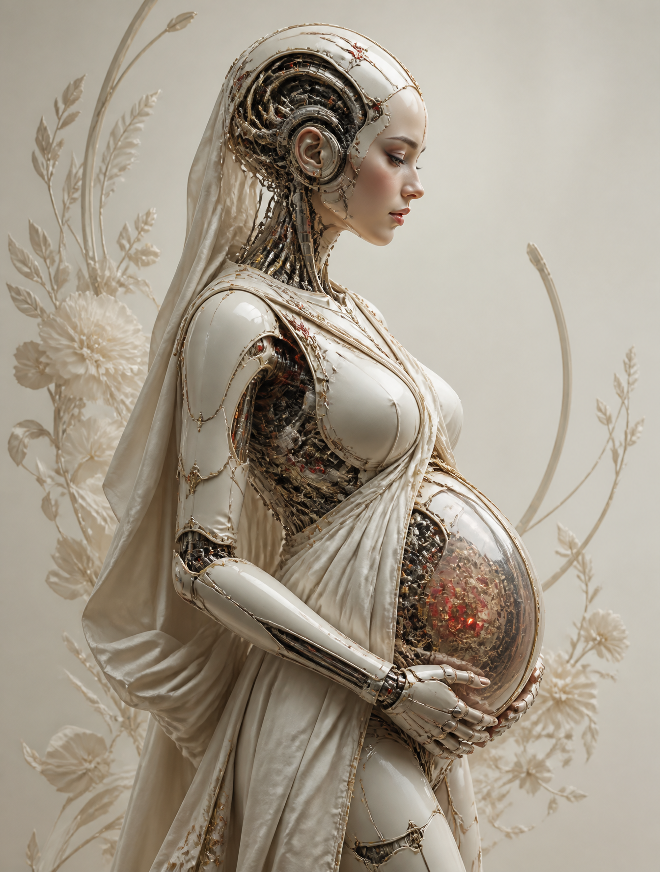 A breathtaking futuristic biomechanical maternity portrait of a pregnant female android i…