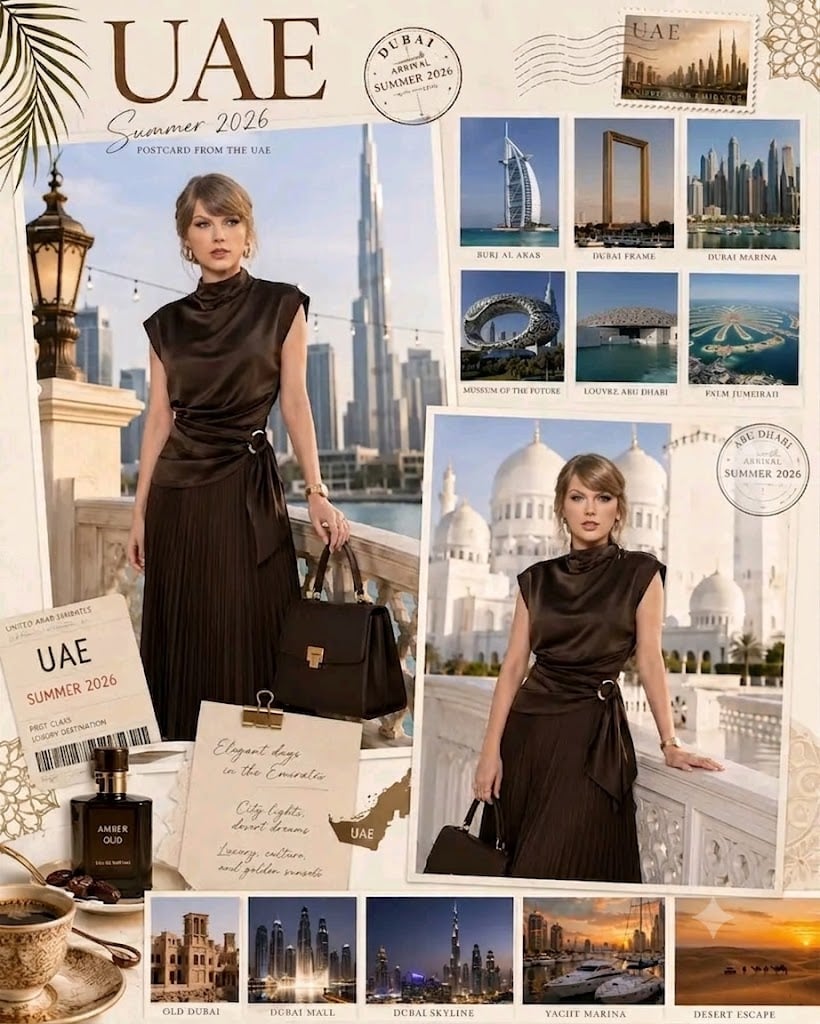 Create an ultra-detailed luxury travel scrapbook collage titled “UAE Summer 2026 – Postca…
