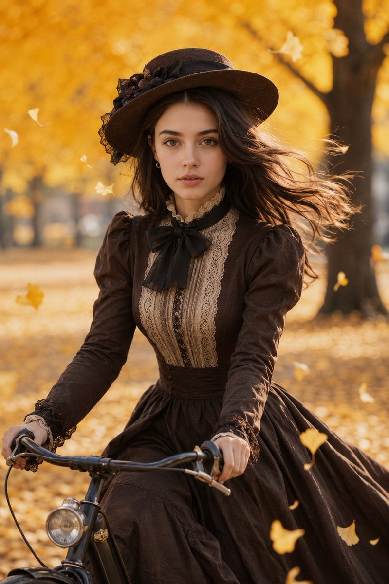 An ultra-realistic, cinematic portrait of a beautiful young woman riding a vintage black …