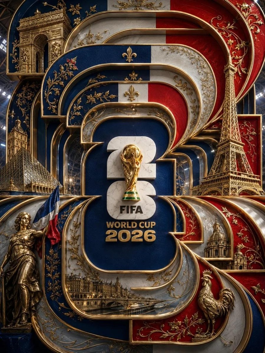 Ultra-detailed luxury 3D FIFA World Cup 2026 France poster. Massive layered "2026" typogr…