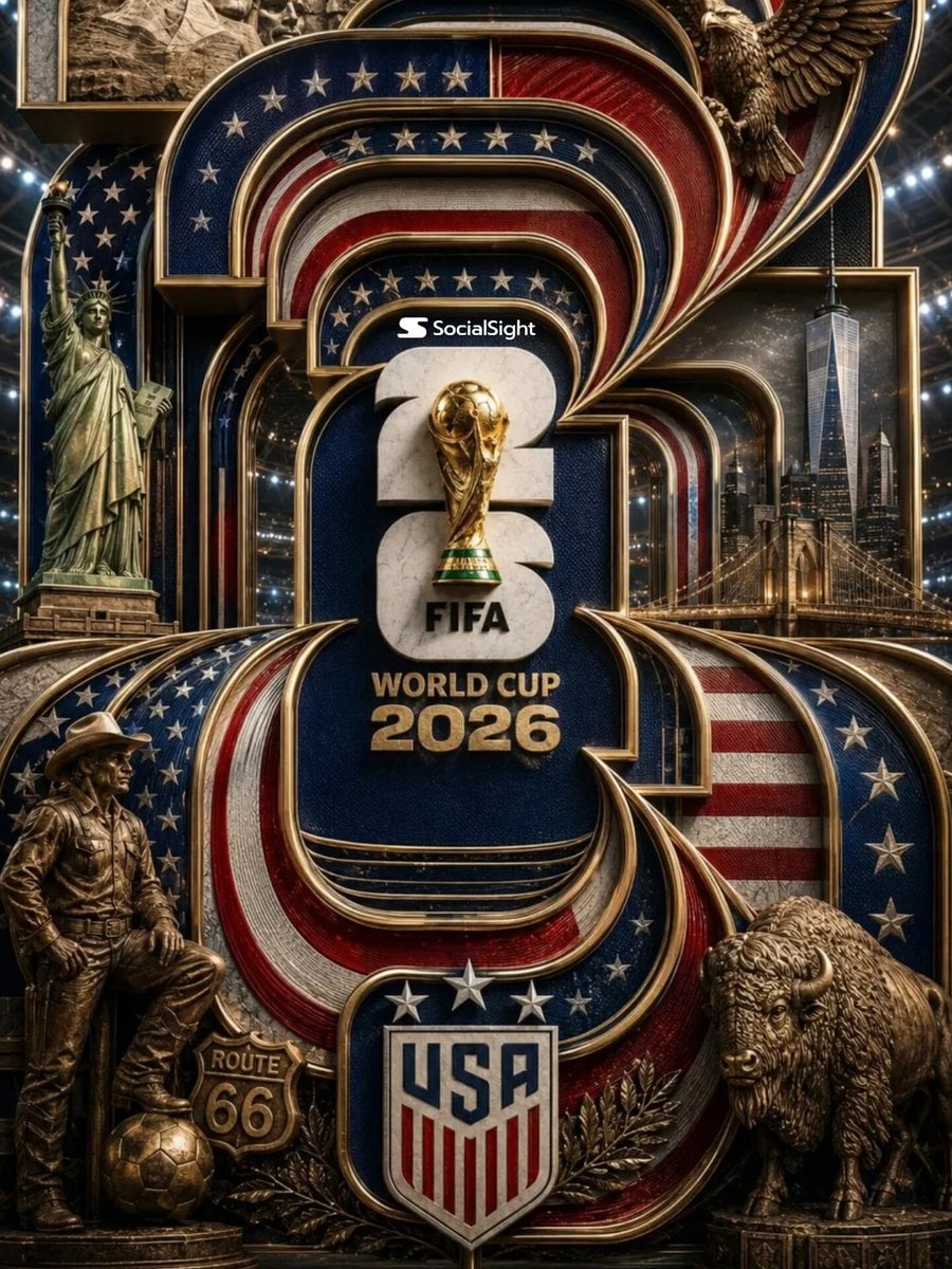 Ultra-detailed luxury 3D poster for the FIFA World Cup 2026 USA. Massive layered "2026" t…