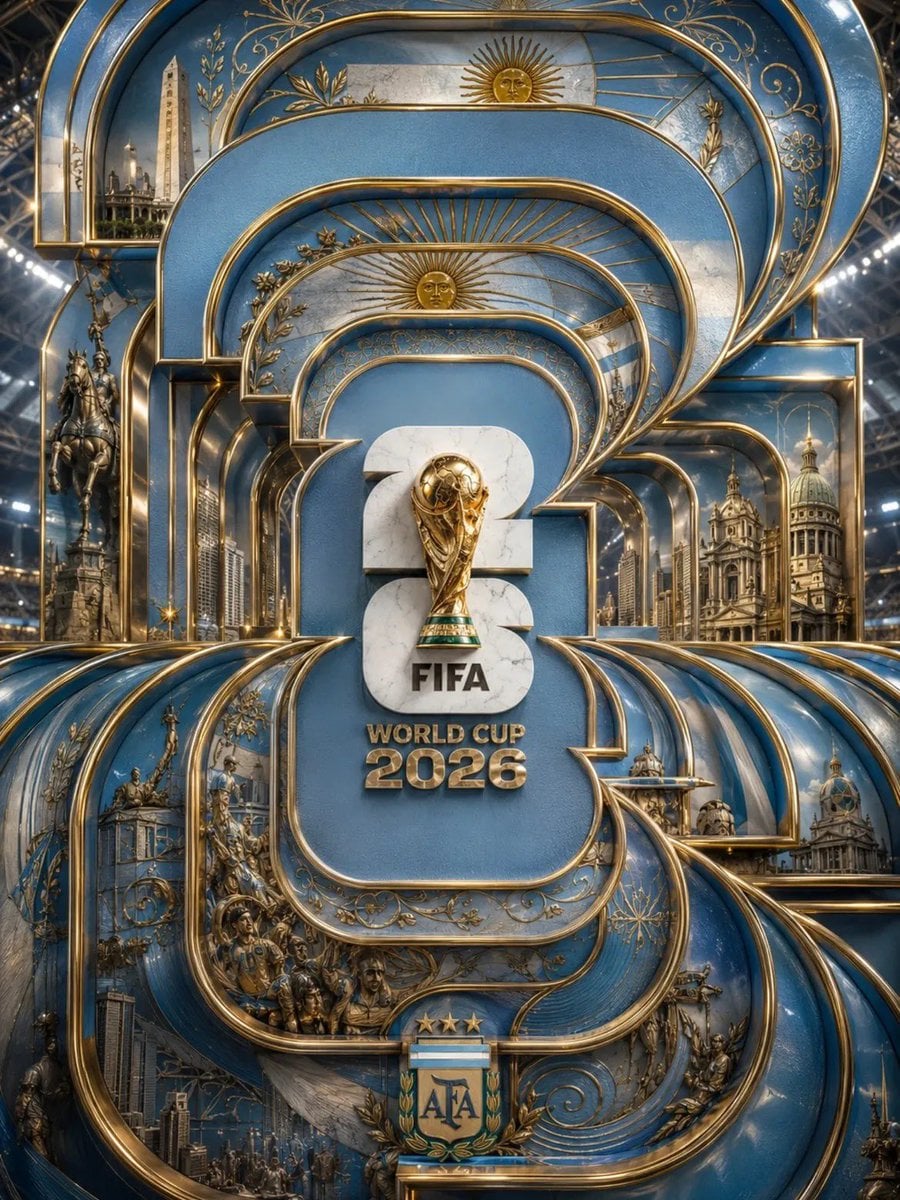 Ultra-luxury FIFA World Cup 2026 poster, monumental layered Art Deco architecture made fr…