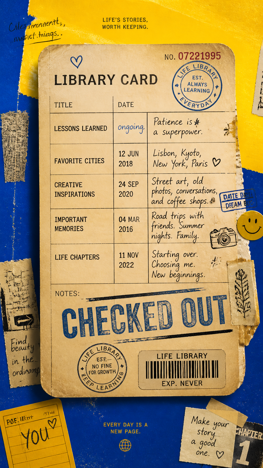 A premium 9:16 lifestyle editorial poster.Main Subject:A giant realistic library card occ…