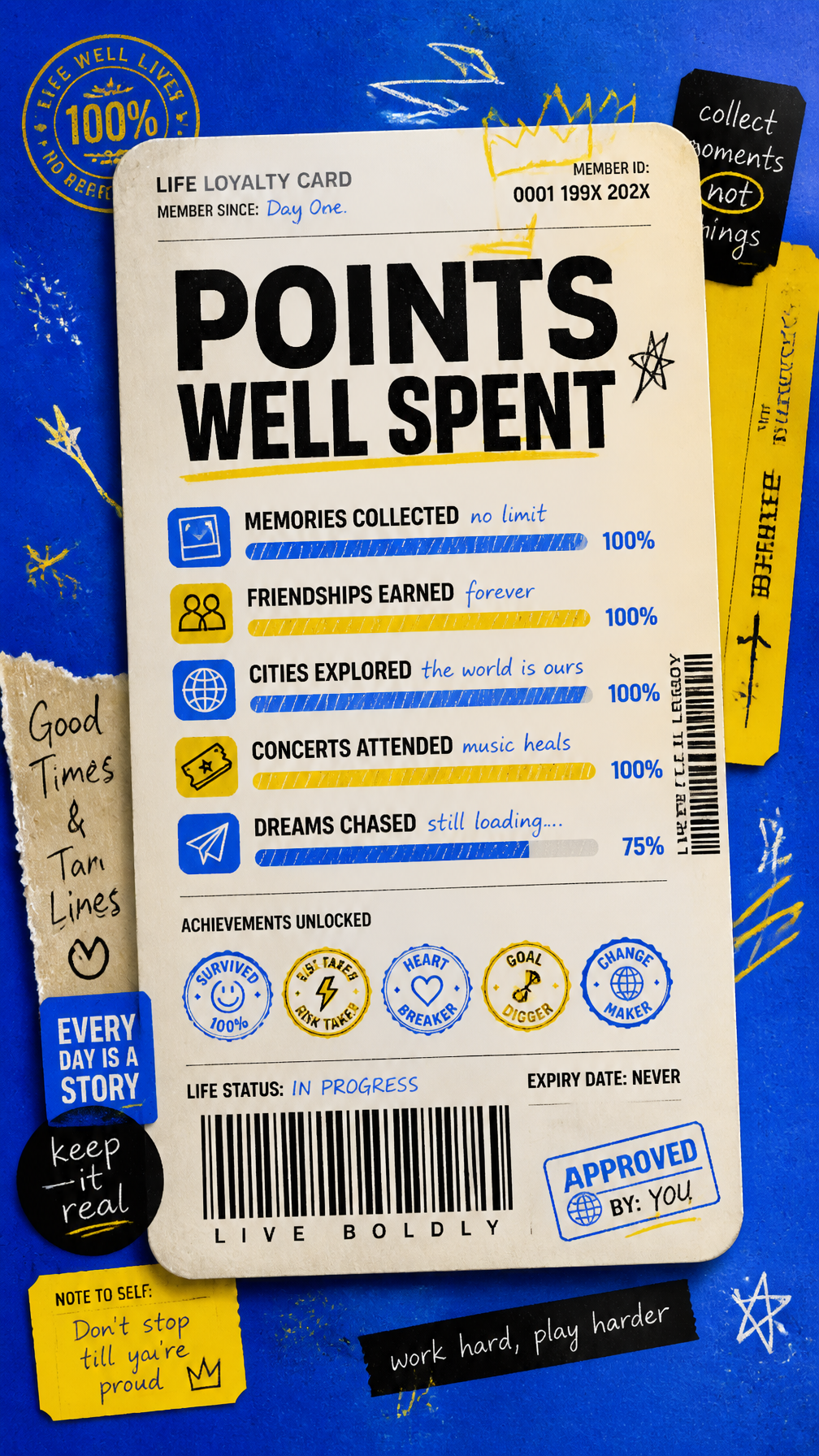 A premium 9:16 youth-culture editorial poster.Main Subject:A giant realistic loyalty card…