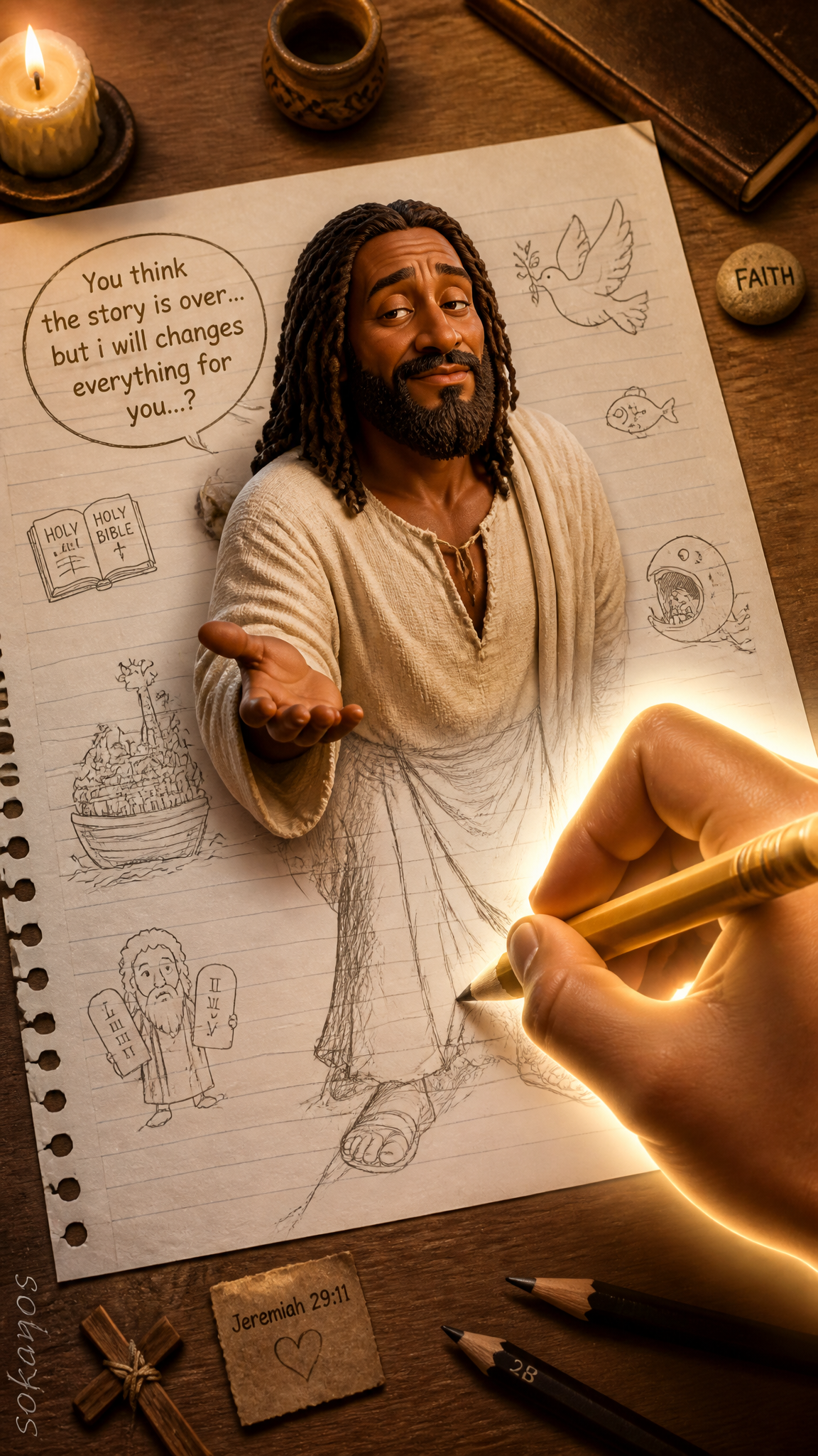 A humorous, exaggerated artwork showing a African Middle East Jesus,