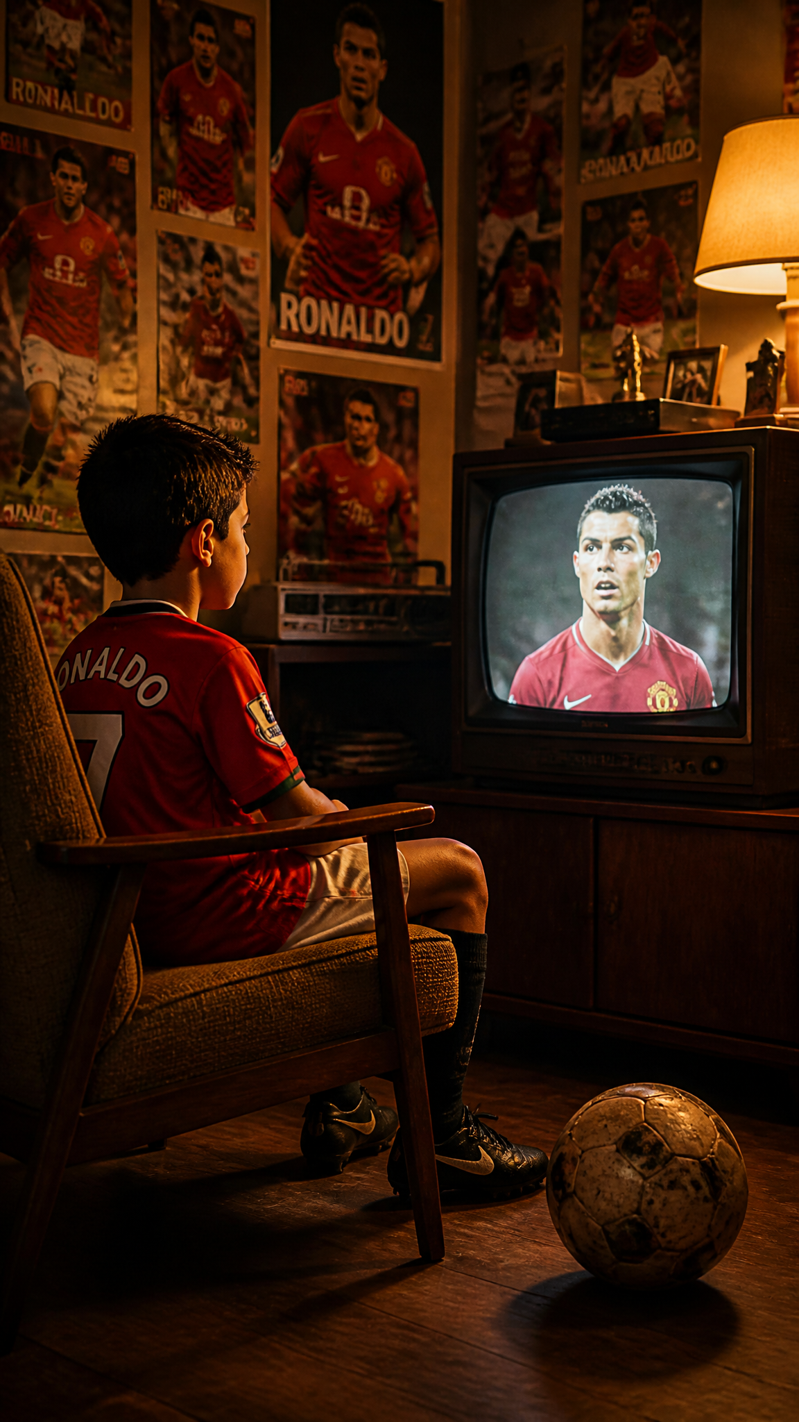 A young kid cristiano ronaldo  wearing a vintage Manchester United kit sits in a mid-cent…